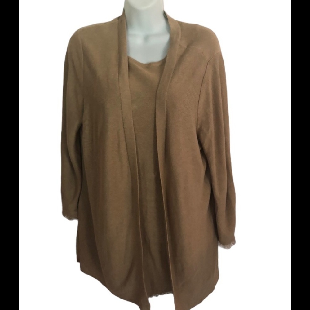 J.Jill Tan Tank/Cardigan Linen Blend 2PC Set W/ Fringe M Trendy